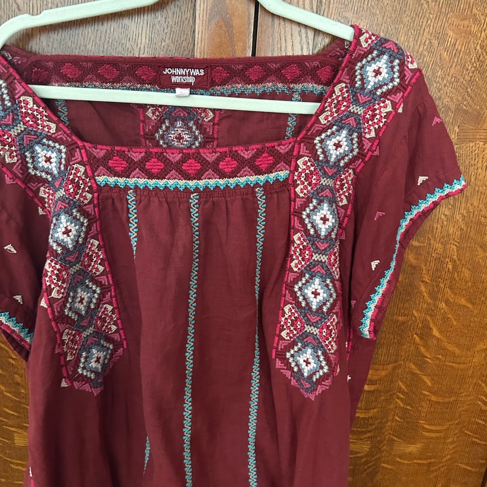 Johnny Was Maroon Embroidered Blouse